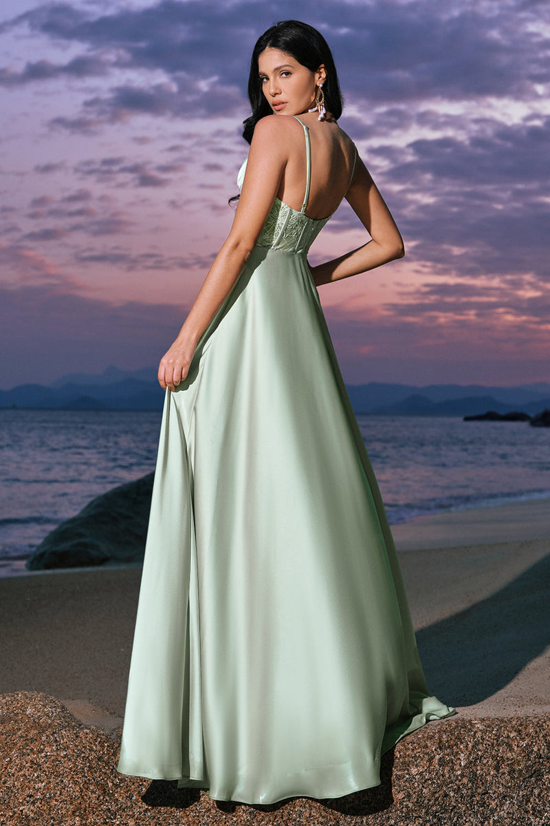 Load image into Gallery viewer, Satin Green A Line Corset Bridesmaid Dress with Slit