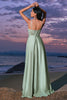 Load image into Gallery viewer, Satin Green A Line Corset Bridesmaid Dress with Slit