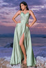 Load image into Gallery viewer, Satin Green A Line Corset Bridesmaid Dress with Slit