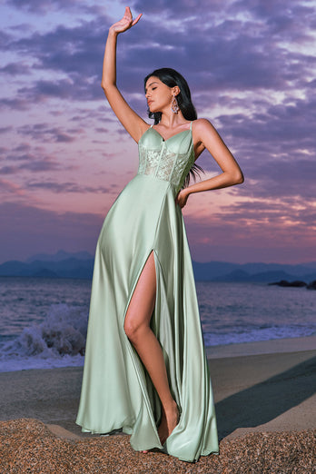 Satin Green A Line Corset Bridesmaid Dress with Slit