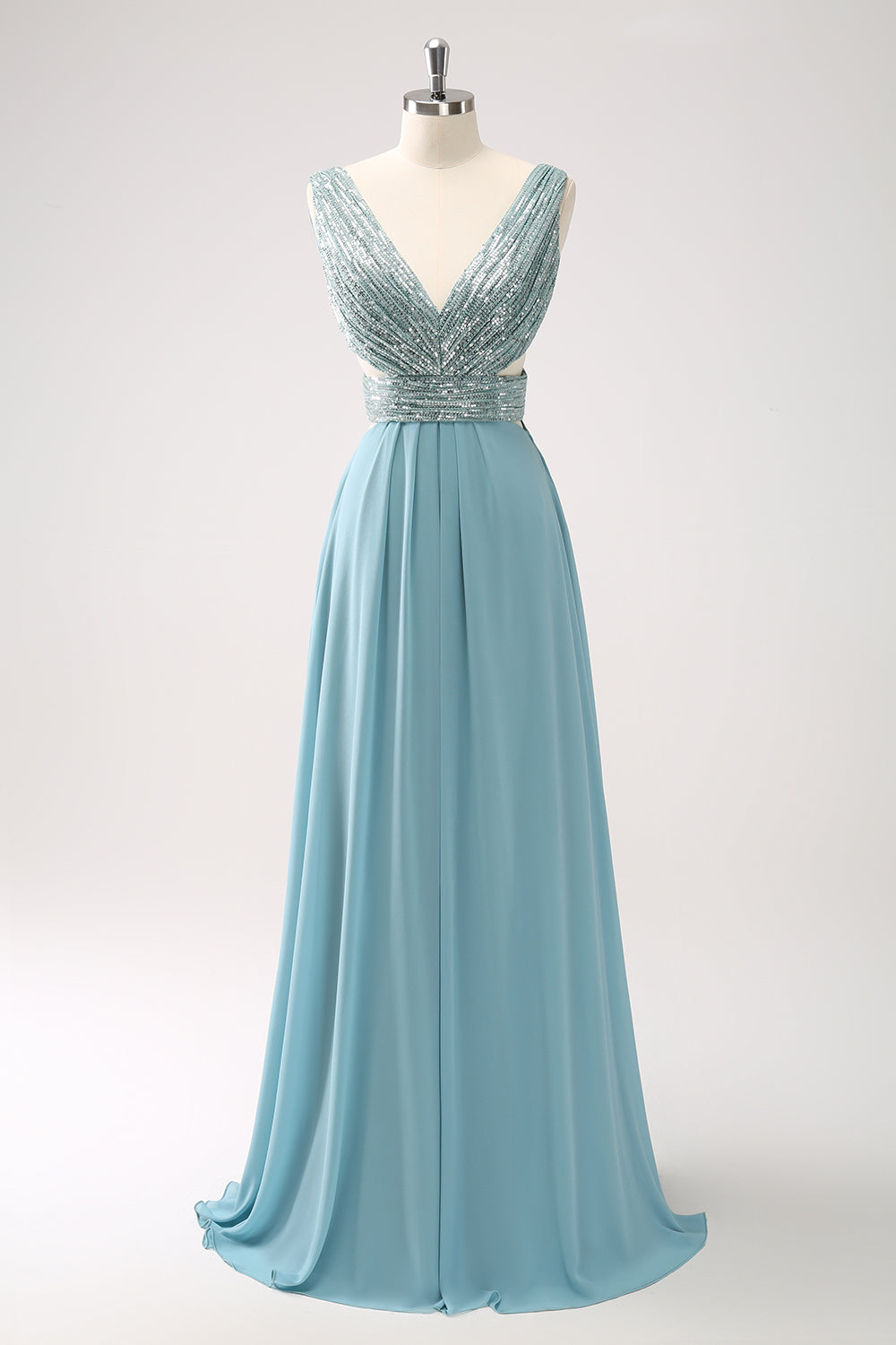 Grey Green V Neck A-Line Sequins Chiffon Long Bridesmaid Dress