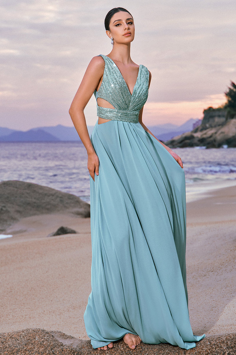 Load image into Gallery viewer, Grey Green A Line V Neck Sequins Chiffon Bridesmaid Dress