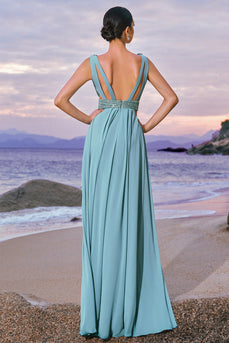 Grey Green A Line V Neck Sequins Chiffon Bridesmaid Dress