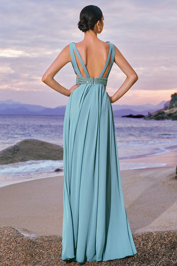 Grey Green V Neck A-Line Sequins Chiffon Long Bridesmaid Dress