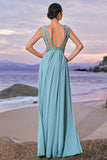 Grey Green A Line V Neck Sequins Chiffon Bridesmaid Dress