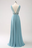 Grey Green A Line V Neck Sequins Chiffon Bridesmaid Dress