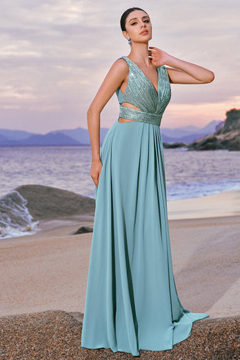 Grey Green A Line V Neck Sequins Chiffon Bridesmaid Dress