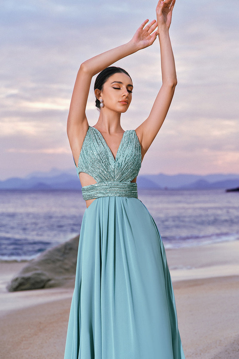 Load image into Gallery viewer, Grey Green A Line V Neck Sequins Chiffon Bridesmaid Dress