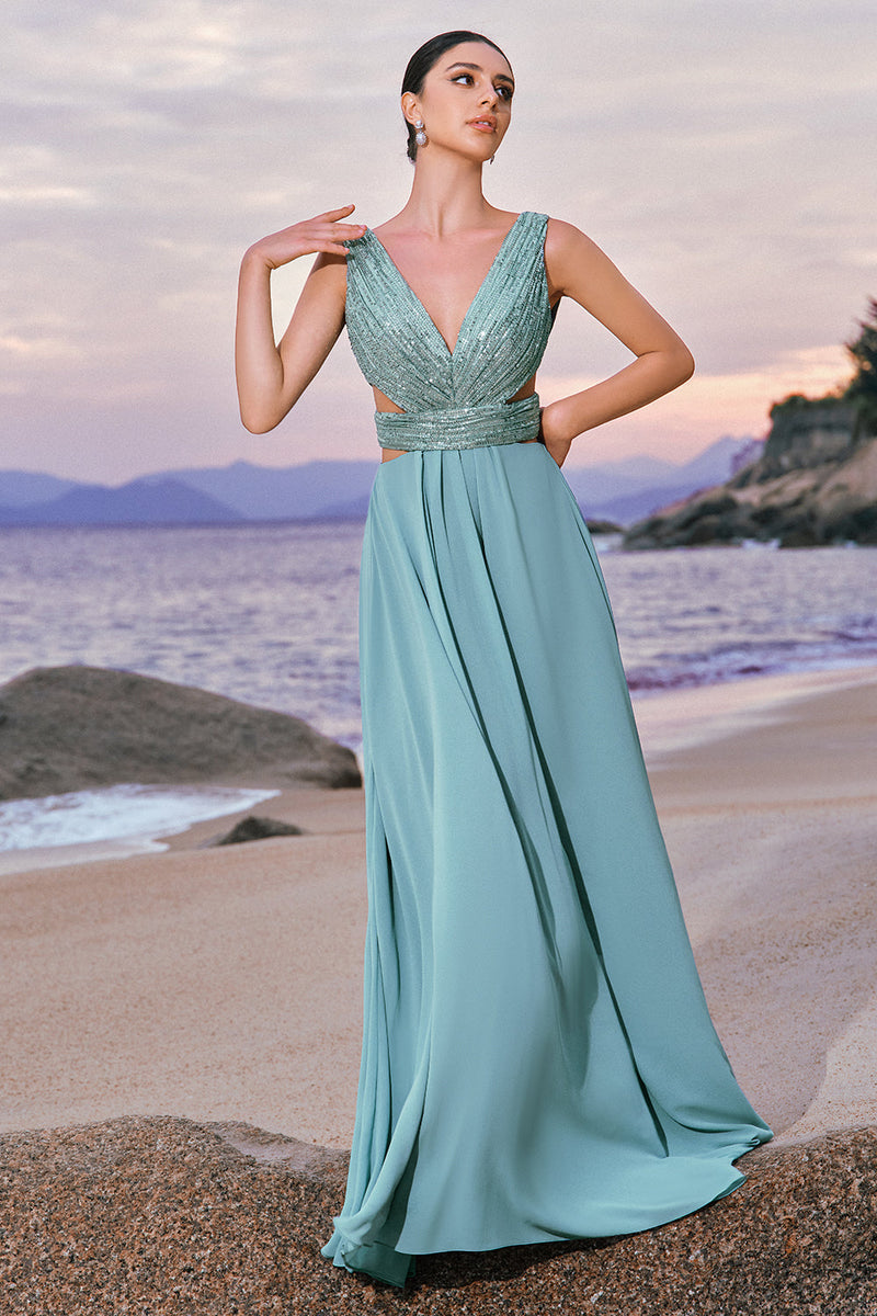 Load image into Gallery viewer, Grey Green V Neck A-Line Sequins Chiffon Long Bridesmaid Dress