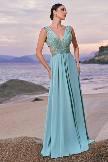 Grey Green A Line V Neck Sequins Chiffon Bridesmaid Dress