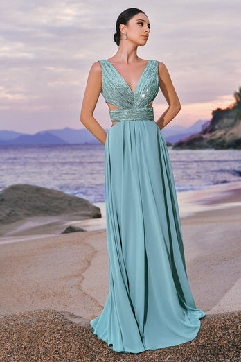 Grey Green A Line V Neck Sequins Chiffon Bridesmaid Dress