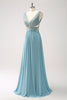 Load image into Gallery viewer, Grey Green V Neck A-Line Sequins Chiffon Long Bridesmaid Dress