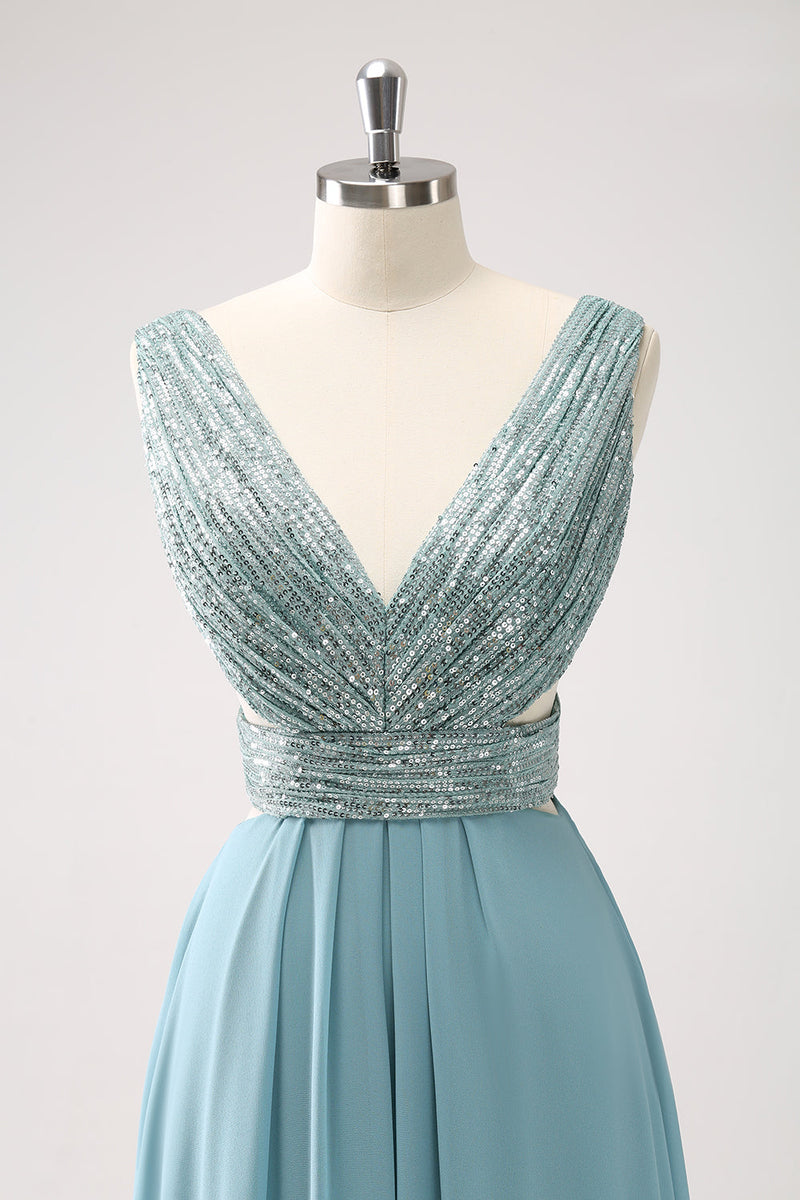 Load image into Gallery viewer, Grey Green V Neck A-Line Sequins Chiffon Long Bridesmaid Dress