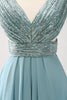 Load image into Gallery viewer, Grey Green V Neck A-Line Sequins Chiffon Long Bridesmaid Dress