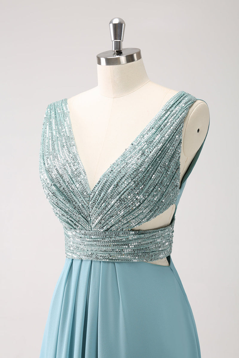 Load image into Gallery viewer, Grey Green V Neck A-Line Sequins Chiffon Long Bridesmaid Dress