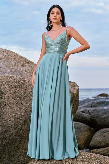 Grey Green A-Line Spaghetti Straps Chiffon Long Bridesmaid Dress with Slit