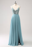 Spaghetti Straps Grey Green A Line Chiffon Bridesmaid Dress with Slit