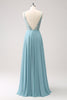 Load image into Gallery viewer, Grey Green A-Line Spaghetti Straps Chiffon Long Bridesmaid Dress with Slit