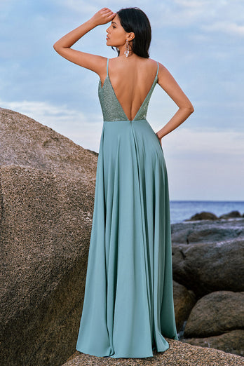 Grey Green A-Line Spaghetti Straps Chiffon Long Bridesmaid Dress with Slit