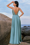 Spaghetti Straps Grey Green A Line Chiffon Bridesmaid Dress with Slit
