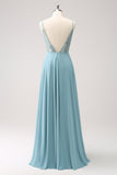 Spaghetti Straps Grey Green A Line Chiffon Bridesmaid Dress with Slit