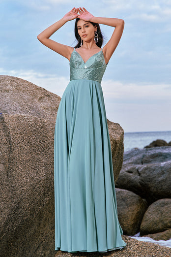 Spaghetti Straps Grey Green A Line Chiffon Bridesmaid Dress with Slit