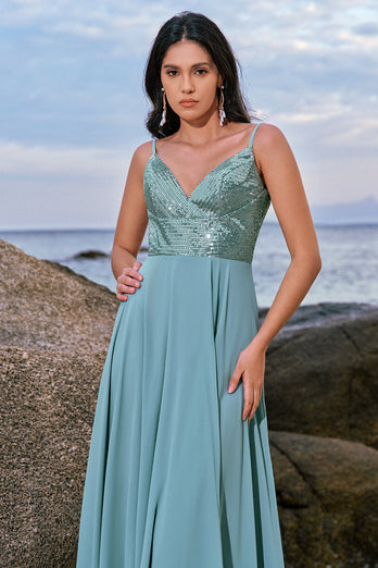 Spaghetti Straps Grey Green A Line Chiffon Bridesmaid Dress with Slit