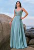 Load image into Gallery viewer, Spaghetti Straps Grey Green A Line Chiffon Bridesmaid Dress with Slit