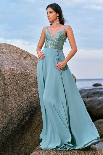 Spaghetti Straps Grey Green A Line Chiffon Bridesmaid Dress with Slit