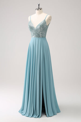 Grey Green A-Line Spaghetti Straps Chiffon Long Bridesmaid Dress with Slit