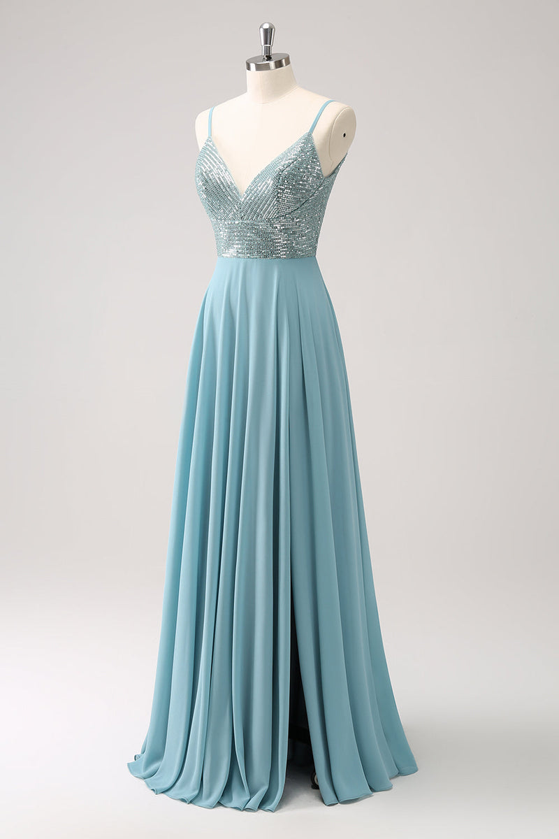 Load image into Gallery viewer, Grey Green A-Line Spaghetti Straps Chiffon Long Bridesmaid Dress with Slit