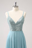 Load image into Gallery viewer, Grey Green A-Line Spaghetti Straps Chiffon Long Bridesmaid Dress with Slit