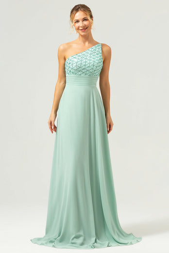 Sparkly Green A-Line One Shoulder Chiffon Long Bridesmaid Dress