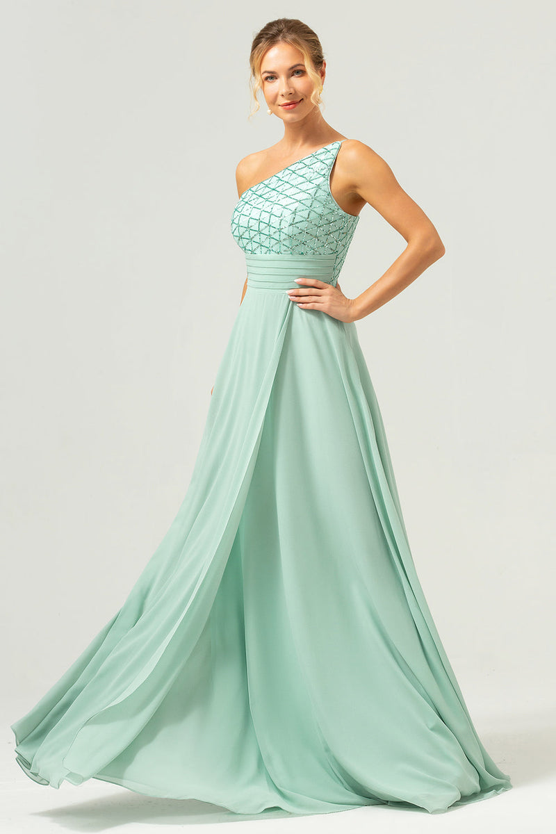 Load image into Gallery viewer, Sparkly Green A-Line One Shoulder Chiffon Long Bridesmaid Dress