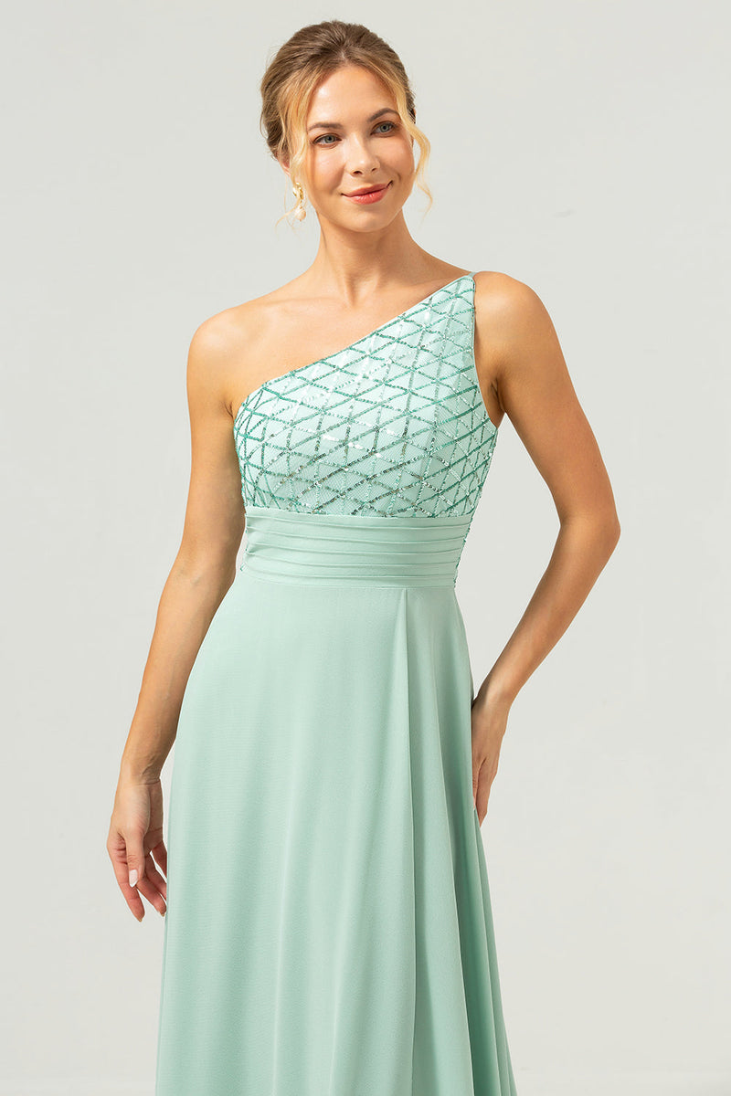 Load image into Gallery viewer, Sparkly Green A-Line One Shoulder Chiffon Long Bridesmaid Dress