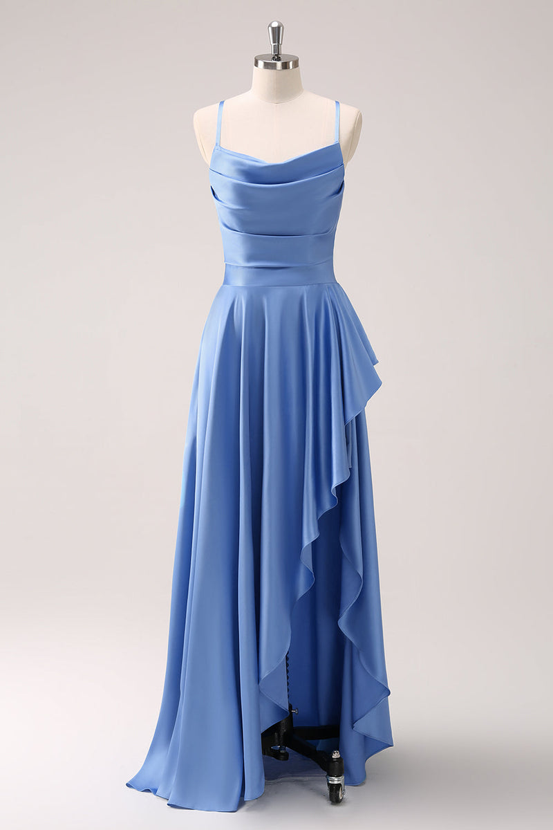 Load image into Gallery viewer, Blue Cowl Neck Satin Asymmetrical Bridesmaid Dress with Slit