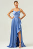 Load image into Gallery viewer, Blue Asymmetrical Cowl Neck Satin Bridesmaid Dress with Slit