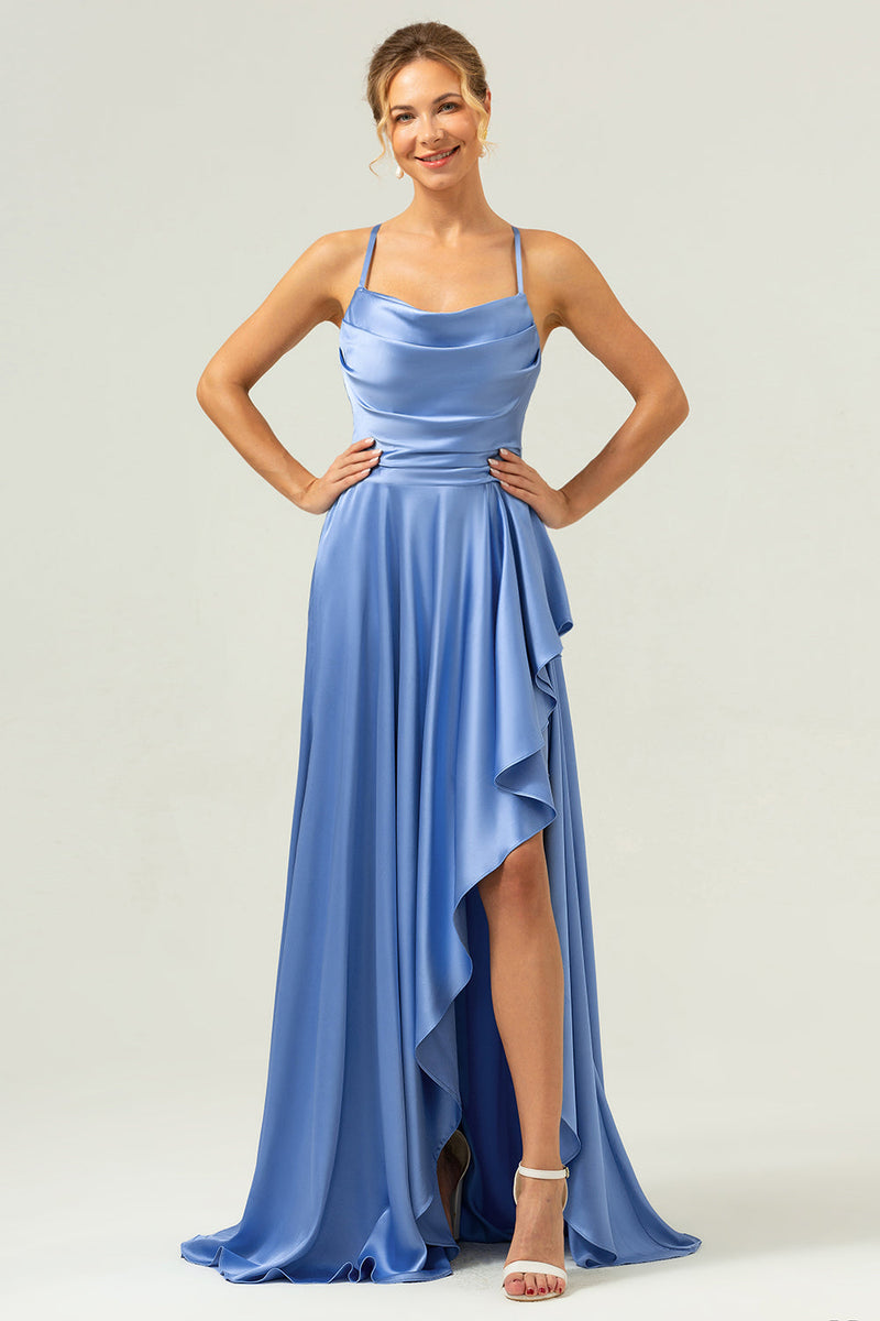 Load image into Gallery viewer, Blue Asymmetrical Cowl Neck Satin Bridesmaid Dress with Slit