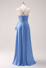 Load image into Gallery viewer, Blue Cowl Neck Satin Asymmetrical Bridesmaid Dress with Slit