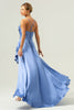 Load image into Gallery viewer, Blue Asymmetrical Cowl Neck Satin Bridesmaid Dress with Slit