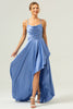 Load image into Gallery viewer, Blue Asymmetrical Cowl Neck Satin Bridesmaid Dress with Slit