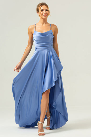 Blue Asymmetrical Cowl Neck Satin Bridesmaid Dress with Slit