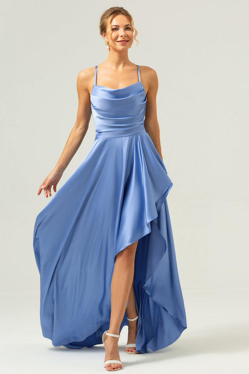 Load image into Gallery viewer, Blue Asymmetrical Cowl Neck Satin Bridesmaid Dress with Slit