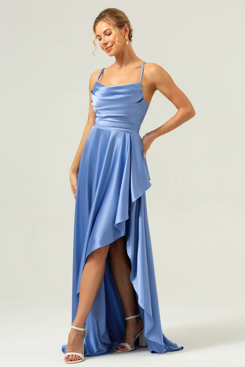 Load image into Gallery viewer, Blue Asymmetrical Cowl Neck Satin Bridesmaid Dress with Slit