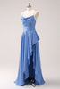 Load image into Gallery viewer, Blue Cowl Neck Satin Asymmetrical Bridesmaid Dress with Slit