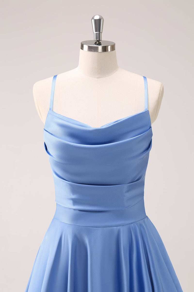 Load image into Gallery viewer, Blue Cowl Neck Satin Asymmetrical Bridesmaid Dress with Slit