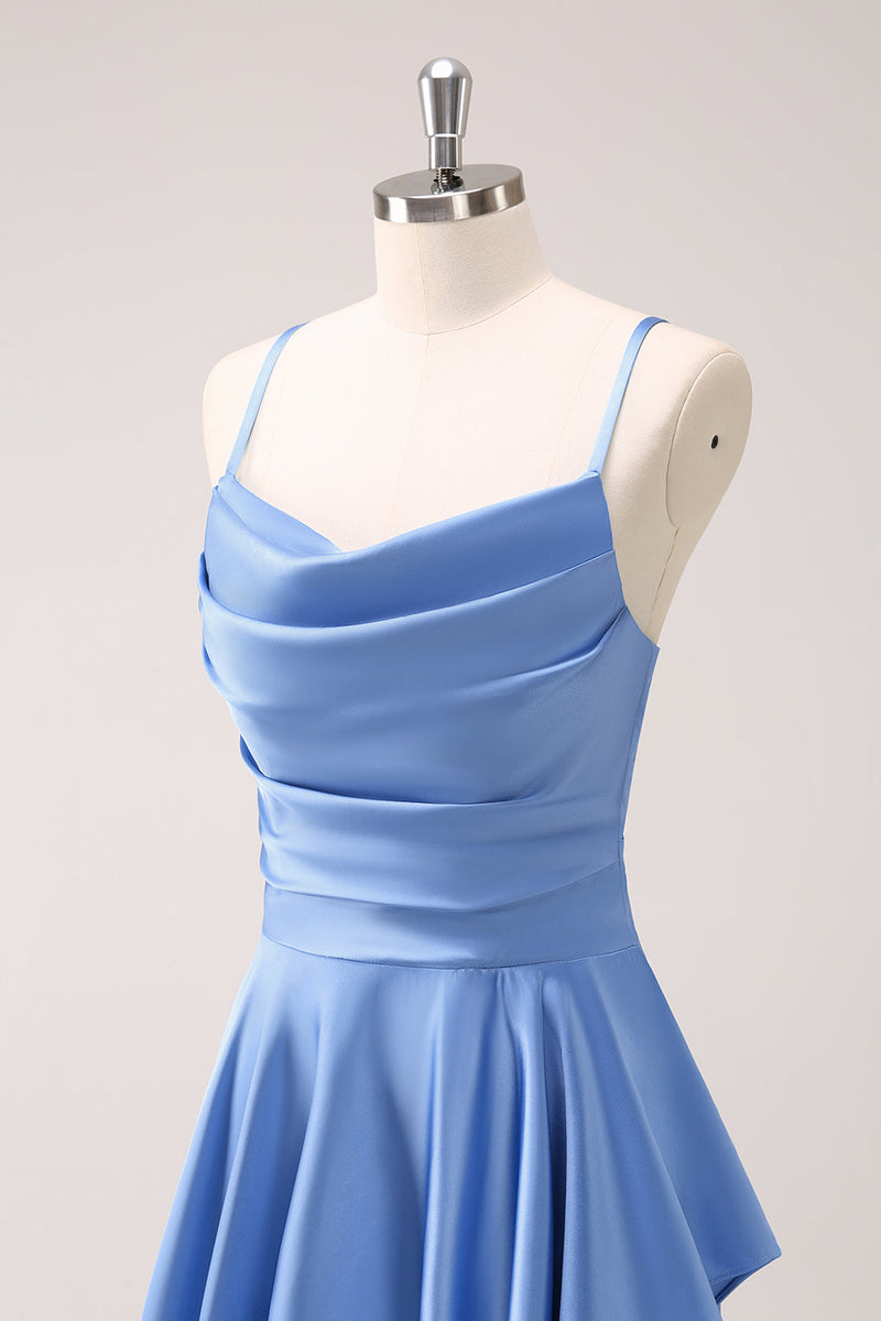 Load image into Gallery viewer, Blue Cowl Neck Satin Asymmetrical Bridesmaid Dress with Slit