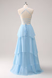 Halter Blue Floral A Line Bridesmaid Dress with Lace Up Back