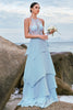 Load image into Gallery viewer, Halter Blue Floral A Line Bridesmaid Dress with Lace Up Back