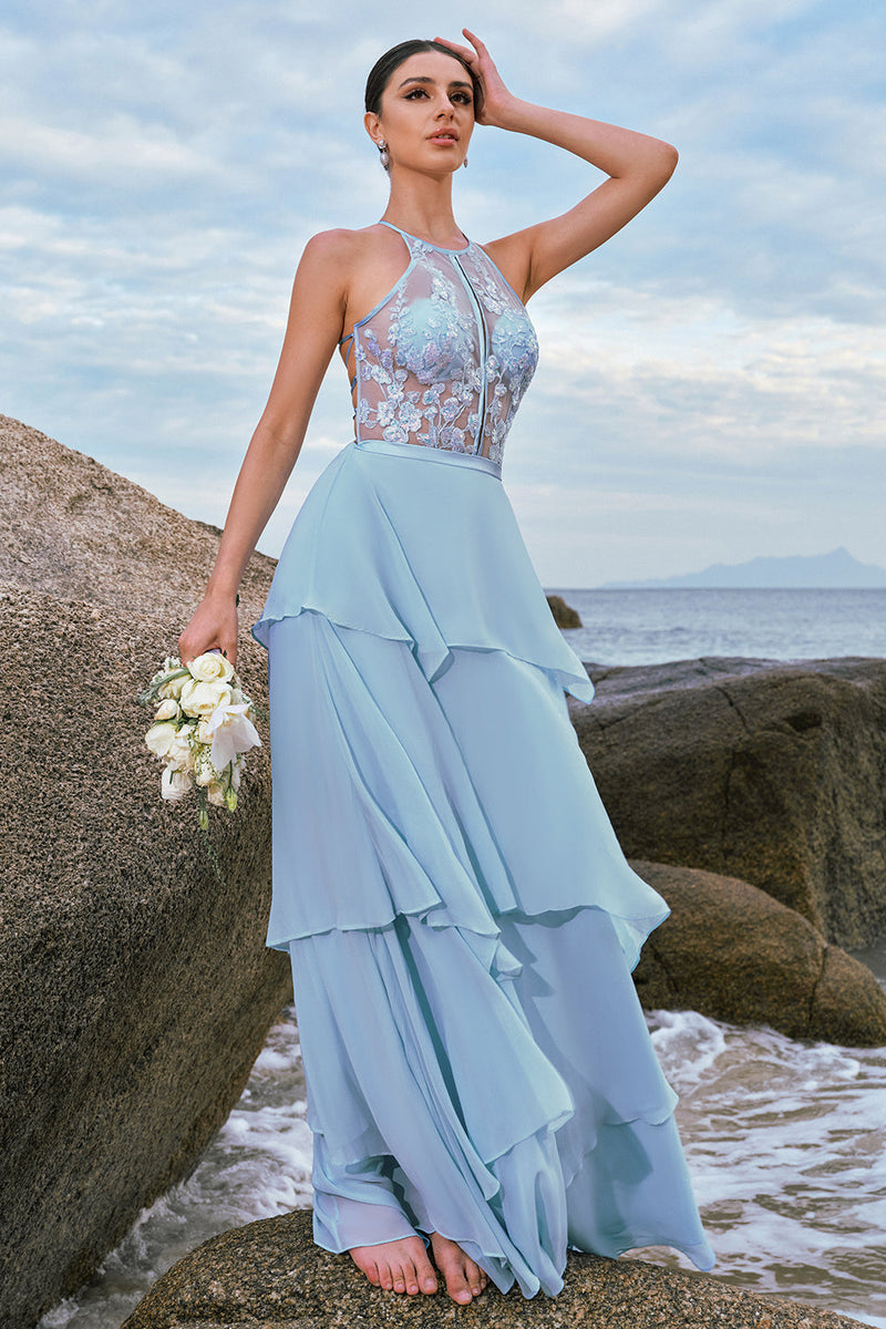 Load image into Gallery viewer, Halter Blue Floral A Line Bridesmaid Dress with Lace Up Back